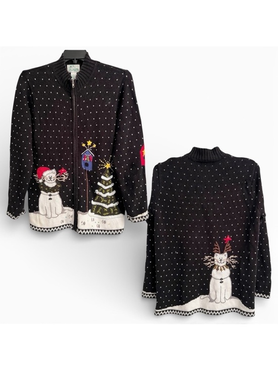 The Quacker Factory Sweaters - Vintage Quacker Factory Winter Holiday Cat Tree Zippered Cardigan Sweater Medium